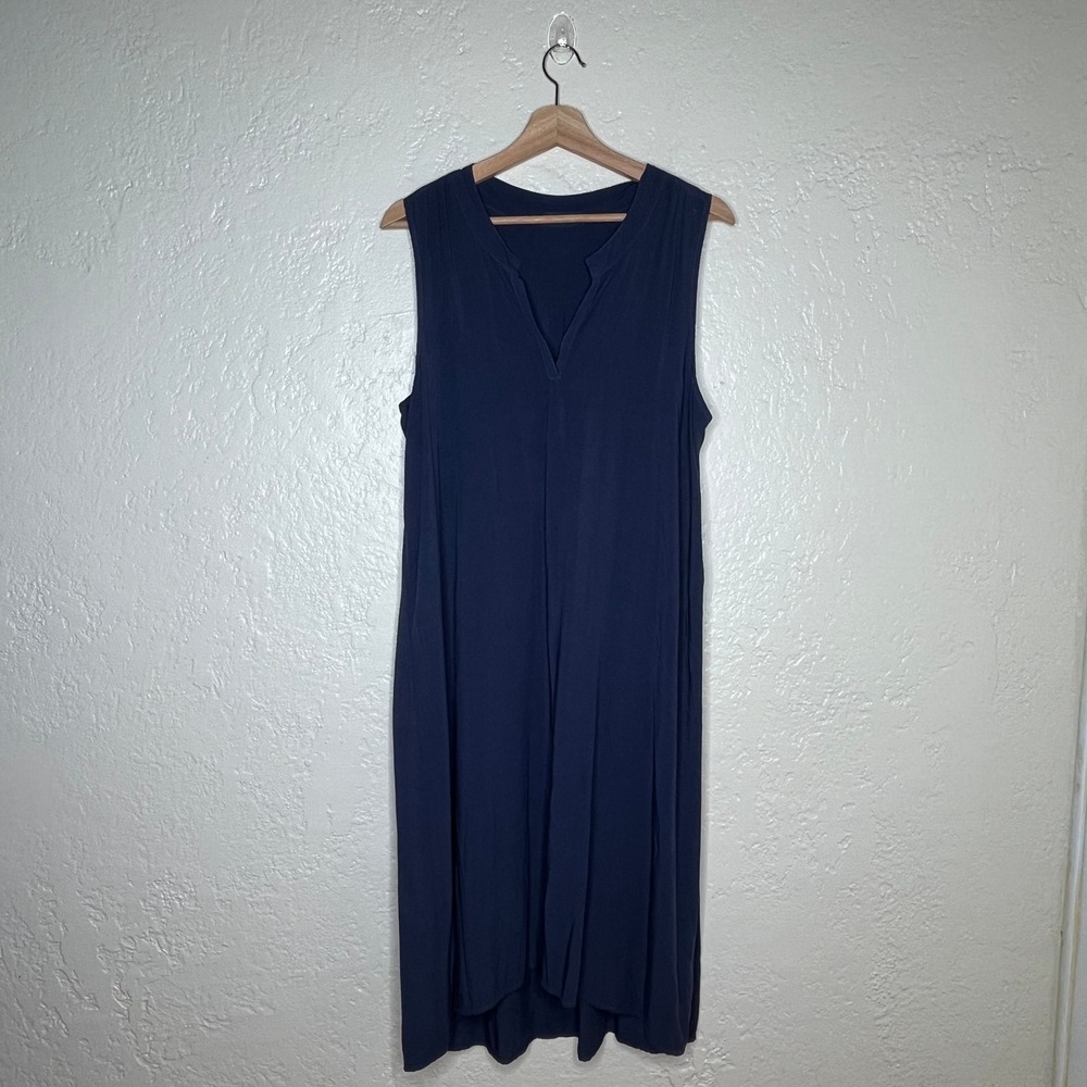 CP Shades Sylvie Dress Womens Small Navy Blue Rayon Sleeveless Split V-Neck Midi